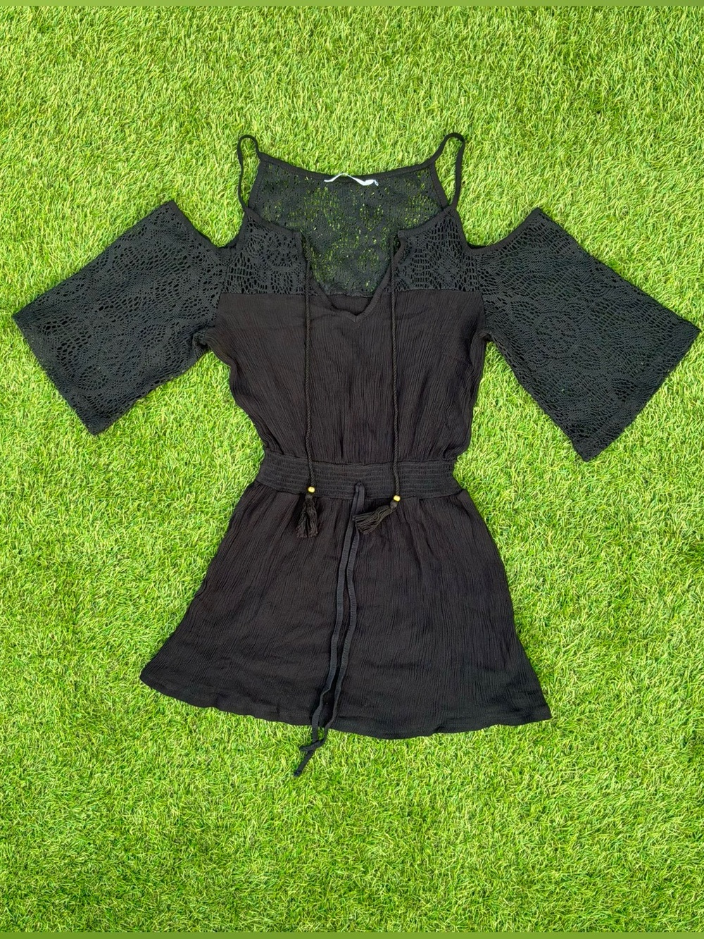 La Vie en Rose Aqua Black Cold Shoulder Crochet Mini Dress XS - Picture 1 of 1